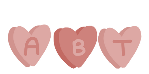 A drawing of three pink candy hearts spelling out "ABT".