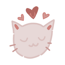 A drawing of a cat's face surrounded by three pink hearts.